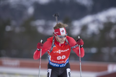 Macx Davies of Canada racing to 10th in Saturday's IBU World Cup 10 k sprint in Ostersund, Sweden. It was his career-best result by 30 places. (Photo: Biathlon Canada/NordicFocus)