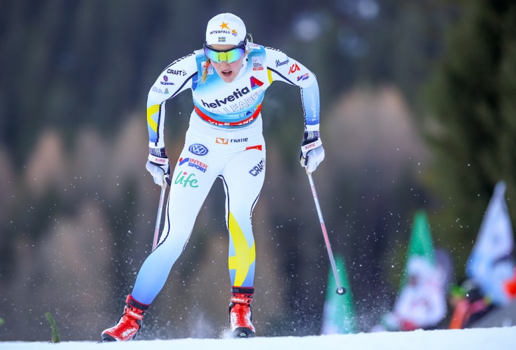 Sweden's Stina Nilsson racing to 17th in the Davos World Cup freestyle sprint qualifier on Sunday in Switzerland. She went on to win the final for the first World Cup win of her career. (Photo: Marcel Hilger)
