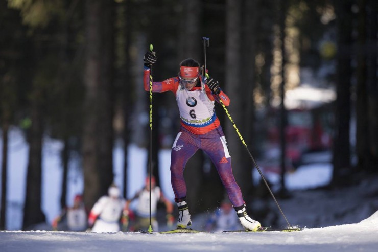 Susan Dunklee (US Biathlon) racing to 10th in the women's 10 k pursuit at the IBU World Cup in Pokljuka, Slovenia. (Photo: USBA/NordicFocus)