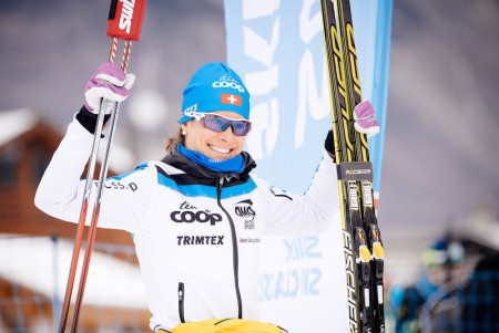 Seraina Boner of Switzerland and Team Coop/Exspirit after winning the 2014 La Sgambeda in Italy last season. (Photo: Ski Classics) 