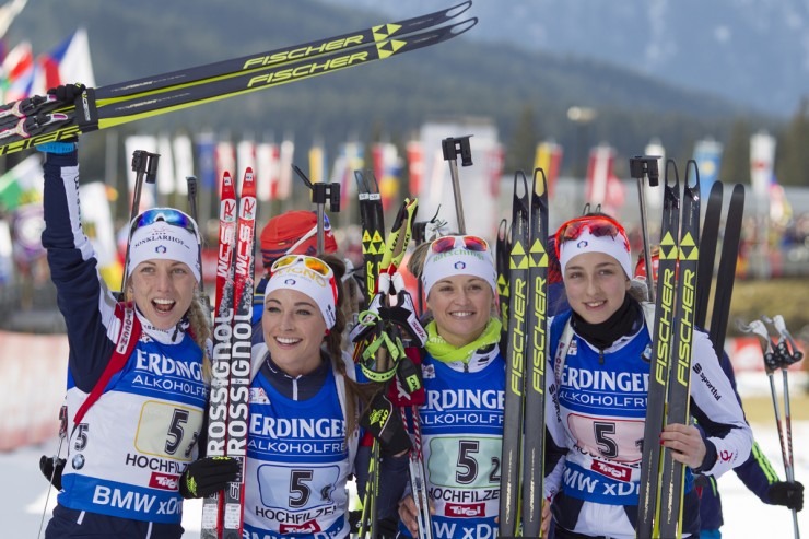 The victorious Italian women at the Hochfilzen World Cup, in Austria. Left to right: Federica Sanfilippo, Dorothea Wierer, Karin Oberhofer, and Lisa Vittozzi. Photo: Fischer/NordicFocus