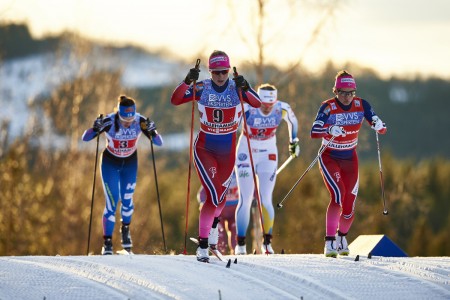 Krista Parmakoski (FIN), Astrid Uhrenholdt Jacobsen (NOR), Ida Ingemarsdotter (SWE), Maiken Caspersen Falla (NOR), (l-r) ski in the first leg of the 4x5km, Lillehammer (NOR). (Fischer/NordicFocus) 