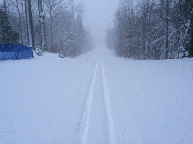 Last year on the Michigan Tech Trails during the 2015 U.S. Cross Country Championships in Houghton, Mich. While the lake-effect snow made for a grooming headache back then, organizers are dealing with a different issue of low snow this year.