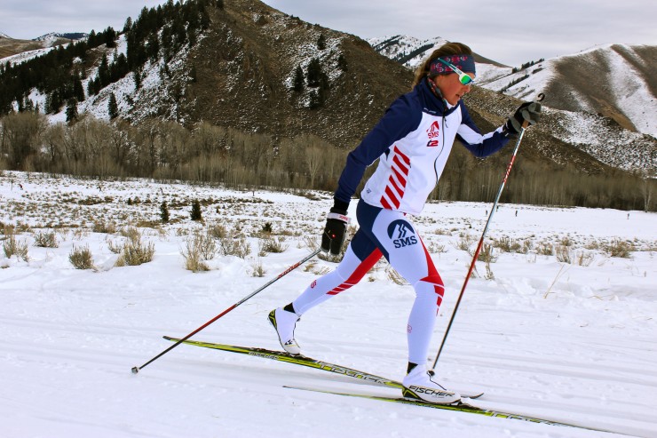 Annie Pokorny  (SMST2) at the top of the coach's climb for the SuperTour 1.3 k  classic race course in Sun Valley, Idaho. 