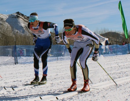 Reese Hanneman (APU) (l) and Mads Strøm out of the start during their quarter final in the men's SuperTour 1.3 k classic sprint on Saturday in Sun Valley, Idaho.
