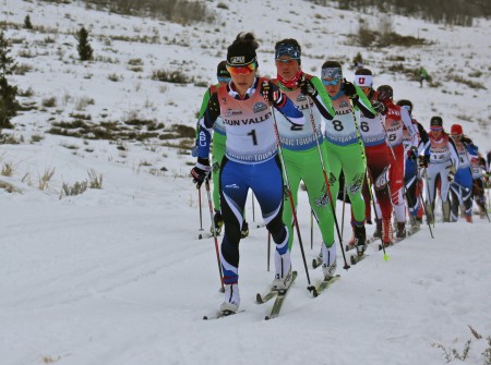 (Left to right): Chelsea Holmes (APU) leads a pack, including Caitlin Patterson (CGRP), Liz Guiney (CGRP), Kaitlynn Miller (CGRP), Veronika Mayerhofer (University of Utah) Katharine Ogden (SMST2/USST), Rosie Frankowski (APU), Petra Hycincova (University of Colorado-Boulder), and Becca Rorabaugh (APU) during the women's SuperTour 10 k classic mass start on Sunday in Sun Valley, Idaho.