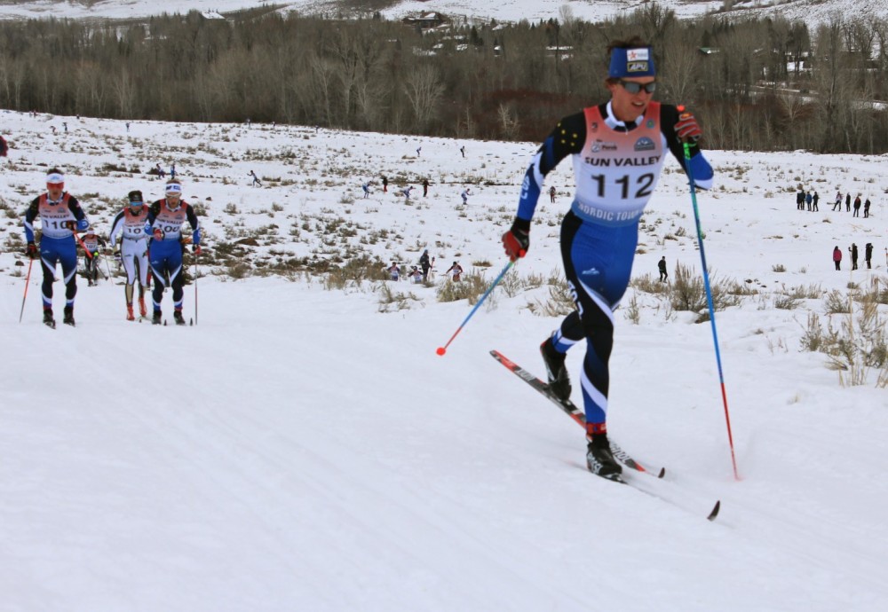 Scott Patterson (APU) striding to a decisive lead during the the men's SuperTour 15 k classic mass start on Sunday in Sun Valley, Idaho.
