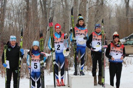 (Left to right): sixth place finisher Kaitlynn Miller (CGRP) (+54.6), fifth place finisher Rosie Frankowski (APU) (54.4), second place finisher Becca Rorabaugh (APU (+9.7), first place finisher Chelsea Holmes (APU), third place finisher Caitlin Patterson (CGRP) (+16.3), and fourth place finisher Veronika Mayerhofer (University of Utah) (+43.0) made up the top six for the women's SuperTour 10 k classic mass start on Sunday in Sun Valley, Idaho.