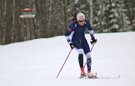 Brendan Cyr (MWSC) rounds the stadium of the Fort Kent Outdoor during a workout in late December in Fort Kent, Maine. 
