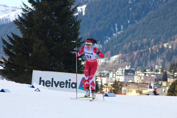 Emily Nishikawa (Canadian Development Team) racing to 39th in the Davos World Cup 15 k freestyle on Dec. 12 in Switzerland. She tied her season-best 39th in the Toblach World Cup 10 k classic on Dec. 20. (Photo: JoJo Baldus)