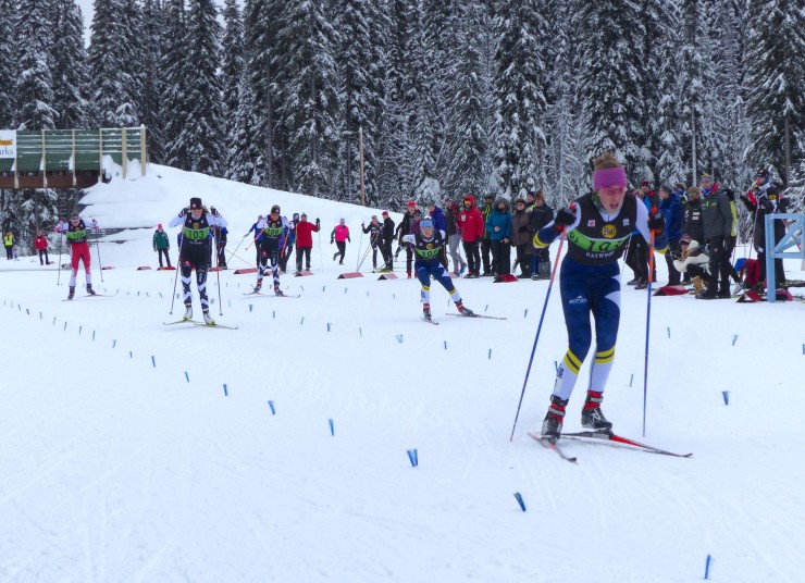Maya MacIsaac-Jones (r) leads Rocky Mountain Racers teammate Andrea Dupont (second from r) and Marie Corriveau (CNEPH/NST Junior Team) into the finish for the A-final victory in the NorAm freestyle sprint at Sovereign Lake in Vernon, B.C. (Photo: Gerry Furseth)