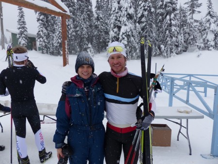 Kevin Sandau and his mom after the men's NorAm 15 k freestyle individual start on Sunday in  Vernon, British Columbia. (Photo: Gerry Furseth)
