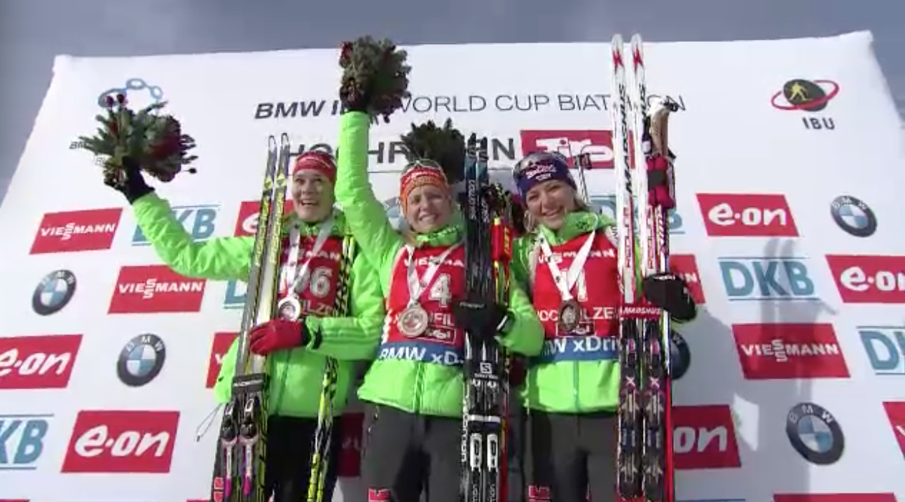 Franziska Hildebrand (center) claimed the first win of her career, while teammates Maren Hammerschmidt (left) and Miriam Gössner were thrilled to join her on the sprint podium in Hochfilzen. It was the first German podium sweep in four years.