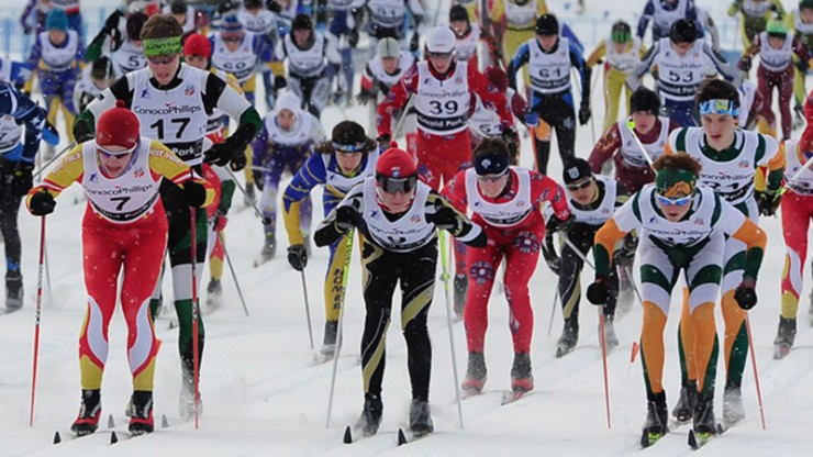The scene from an Alaska Nordic Skiing State Championships mass start. In Anchorage, high-school nordic coaches recently agreed to ban fluorinated glide wax in non-championship races throughout the 2015/2016 season. (Photo: http://asaa.org/sports/nordic-ski/)