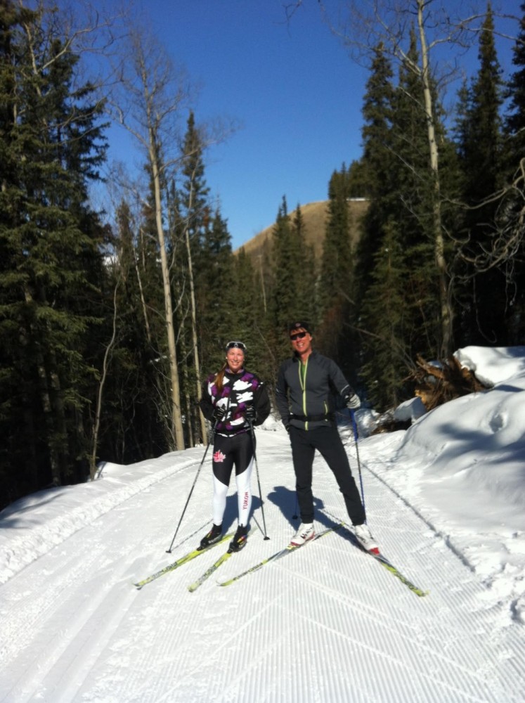 Dahria Beatty (AWCA/Canadian U23 Development Team ) (l) with training partner and dad, Craig Beatty, during a spring ski in Whitehorse, Yukon. (Courtesy photo)