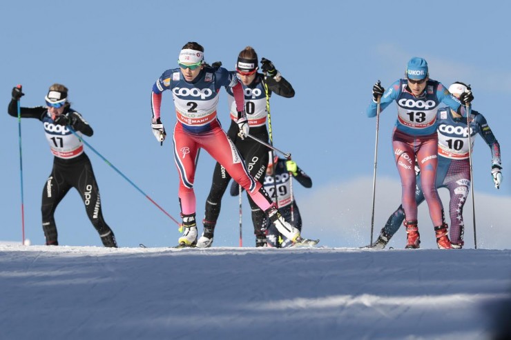 Norway's Maiken Caspersen Falla (2) leads her quarterfinal with (from left to right) Switzerland's Nadine Faehndrich, Laurien van der Graaf, Italy's Greta Laurent, Russia's Natalia Matveeva, and American Sophie Caldwell (10) on Saturday in the women's World Cup freestyle sprint in Toblach, Italy. (Photo: Fischer/NordicFocus)