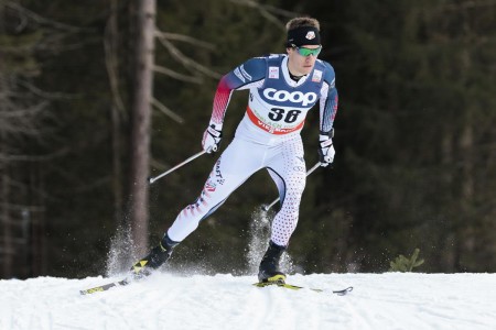 Simi Hamilton (U.S. Ski Team) racing to his first non-stage World Cup podium on Saturday in Toblach, Italy, where he placed second in the freestyle sprint. (Photo: Fischer/NordicFocus)