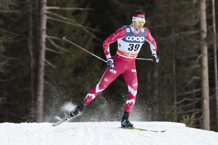 Alex Harvey (Canadian World Cup Team) racing in Saturday's 1.3 k freestyle sprint qualifier at the World Cup in Toblach, Italy. None of the Canadians qualified for the heats, and he was the top Canadian in 62nd. (Photo: Fischer/NordicFocus)