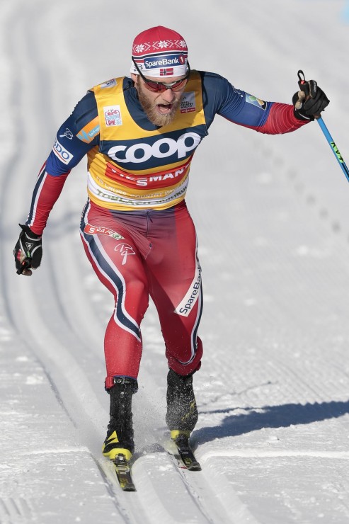 Norway's Martin Johnsrud Sundby winning the men's World Cup 15 k classic on Sunday in Toblach, Italy. (Photo: Fischer/NordicFocus)