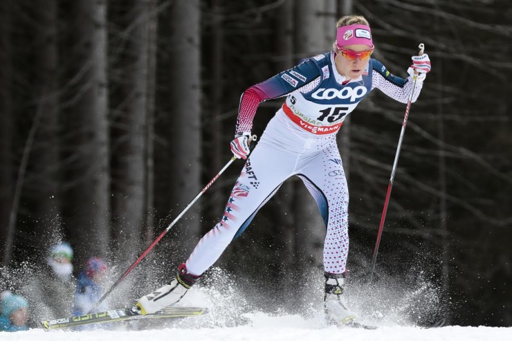 Sadie Bjornsen (U.S. Ski Team) racing to her best-ever sprint qualifier in sixth at the World Cup freestyle sprint in Toblach, Italy. She went on to make the semifinals and place 10th overall. (Photo: Fischer/NordicFocus)