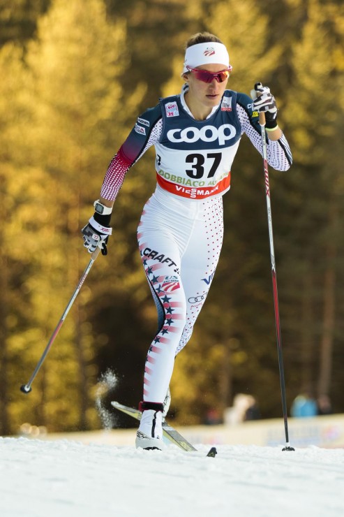 Sophie Caldwell (U.S. Ski Team) racing to 41st in the World Cup 10 k classic in Toblach, Italy. (Photo: Fischer/NordicFocus)