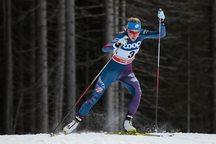Sophie Caldwell (U.S. Ski Team) racing to 10th in the qualifier at the women's World Cup freestyle sprint in Toblach, Italy. She went on to place seventh overall after making it to the semifinals. (Photo: Fischer/NordicFocus)