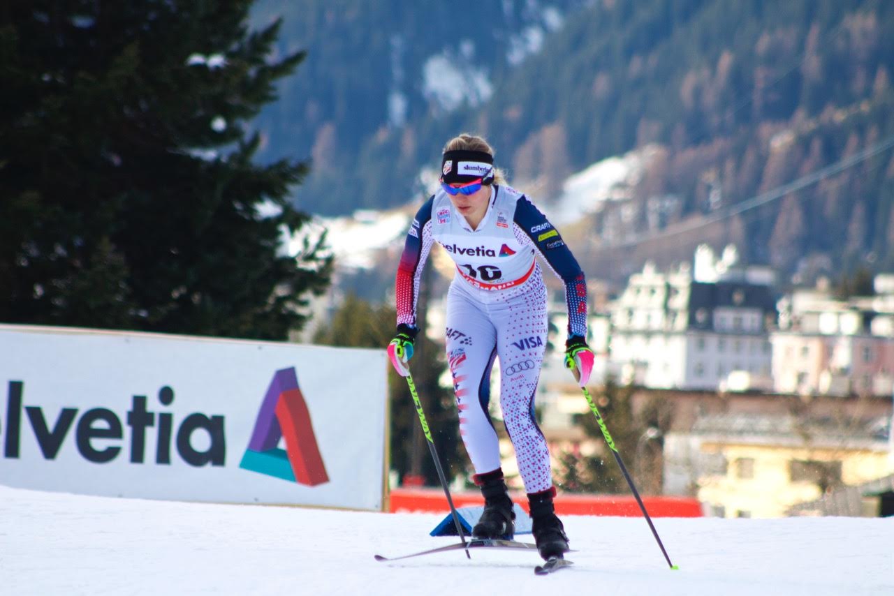 Jessie Diggins racing to 11th in the women's 15 k freestyle individual start on Saturday at the World Cup in Davos, Switzerland. 