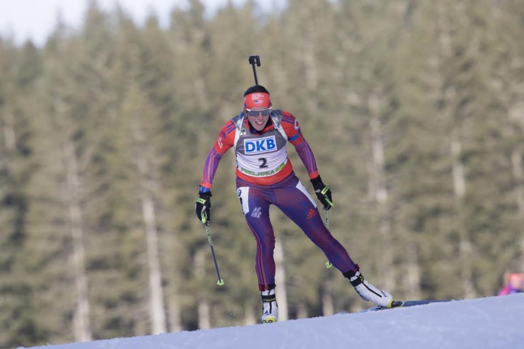Susan Dunklee (US Biathlon) racing to sixth in the women's 7.5 k sprint at the IBU World Cup in Pokljuka, Slovenia. (Photo: Fischer/NordicFocus) 