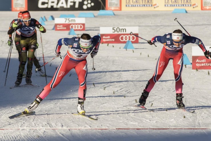 Maiken Caspersen Falla (front left) edges Norwegian teammate and sprint rival Ingvild Flugstad Østberg in the women's World Cup freestyle-sprint final on Saturday in Toblach, Italy. Falla won by 0.17 seconds, Østberg was second, and Sweden's Stina Nilsson (not shown) placed third and her teammate Linn Soemskar (also not shown) placed fourth. Two Germans Hanna Kolb and Denise Herrmann (at left) placed fifth and sixth. (Photo: Fischer/NordicFocus)
