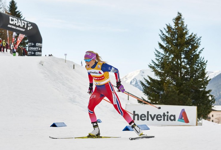 Therese Johaug racing to her first World Cup victory in a 15 k freestyle individual start (a not-so-common women's distance) on Saturday in Davos, Switzerland. (Photo: Fischer/NordicFocus)