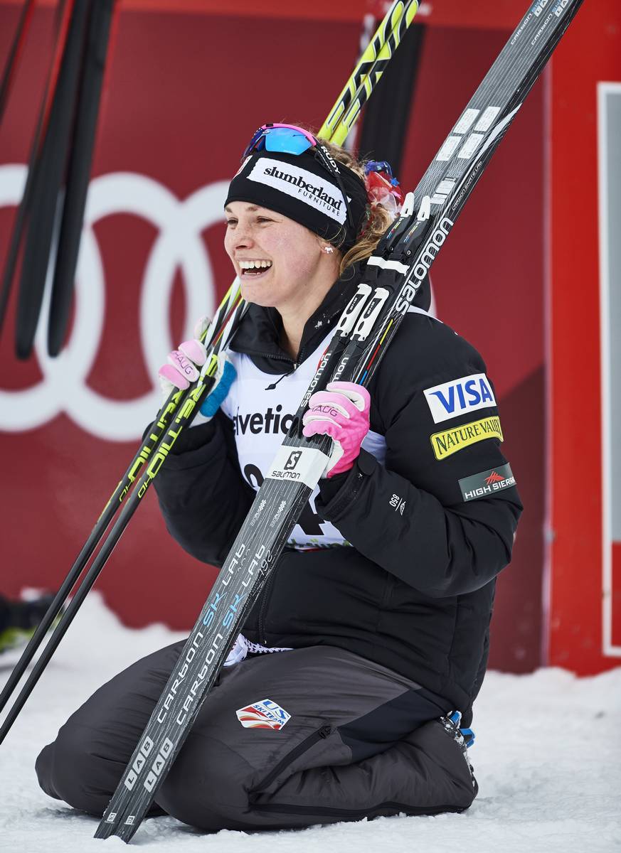 Jessie Diggins realizing she won the 5 k freestyle at the sixth stage of the Tour de Ski on Jan. 8 in Toblach, Italy. (Photo: Salomon/NordicFocus)