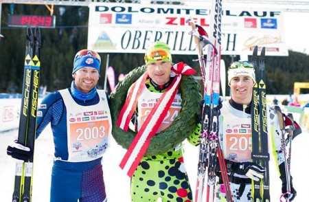 Left to right: Second place finisher Andy Newell (USA), along with race winner Stanislav Rezac (CZE), and third place Mauro Brigadoi (ITA) after the Dolomitenlauf 42 k classic FIS Marathon Cup on Saturday in Lienz, Austria. (Photo: EXPA/Gruber/Worldloppet Facebook)