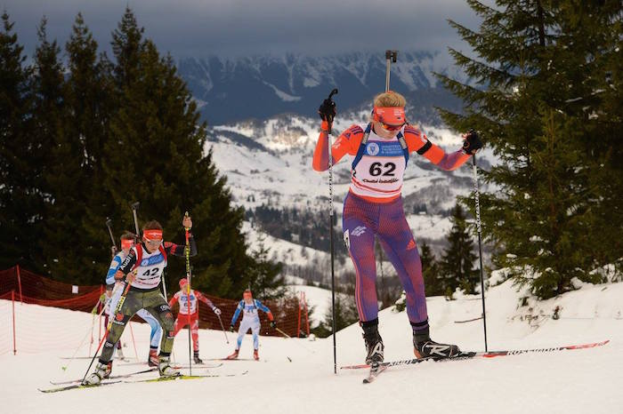 American Amanda Kautzer (62) leads eventual winner Marina Sauter of Germany (42) during the youth women's 10 k individual at 2016 IBU Youth World Championships in Cheile Gradistei, Romania. Klutzier was the top American woman in 59th. (Photo: US Biathlon/NordicFocus/ Facebook)