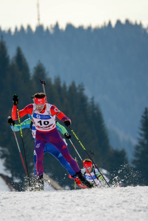 Sean Doherty (US Biathlon) leads another competitor during the men's 15 k individual at IBU Junior World Championships in Cheile Gradistei, Romania.  (Photo: IBU YJWCH Cheile Gradistei 2016/Facebook) 