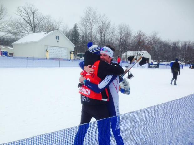 Tad Elliott hugs his twin brother Evan after winning the 30 k freestyle mass start at 2016 U.S. Cross Country Championships in Houghton, Mich., for his fourth national title. (Courtesy photo)