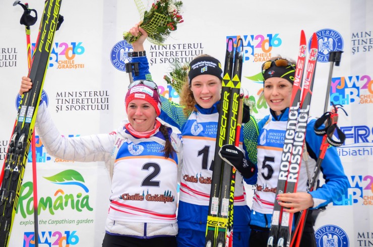 The junior women's pursuit podium, with winner Hanna Öberg (c) of Sweden, Switzerland’s Lena Häcki (l) in second, and France’s Chloe Chevalier (r) in third. (Photo: IBU YJWCH Cheile Gradistei 2016/Facebook) 