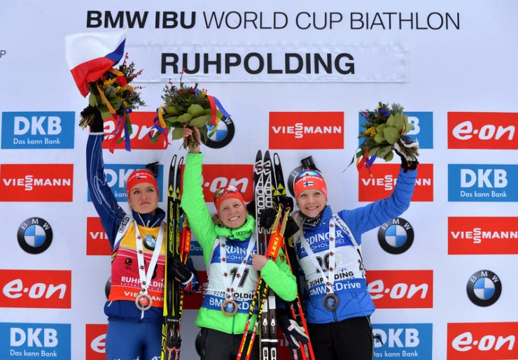 The IBU World Cup women's sprint podium on Friday in Ruhpolding, Germany, with German winner Franziska Hildebrand (c), Gabriela Soukalova of the Czech Republic (l) in second, and Finland's Kaisa Mäkäräinen in third. (Photo: IBU/Eberhard Thonfeld)