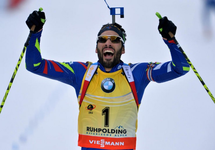 France's Martin Fourcade celebrates across the line as he won the men's 15 k mass start on Sunday in Ruhpolding, Germany, for his 41st World Cup win. (Photo: IBU/Eberhard Thonfeld) 