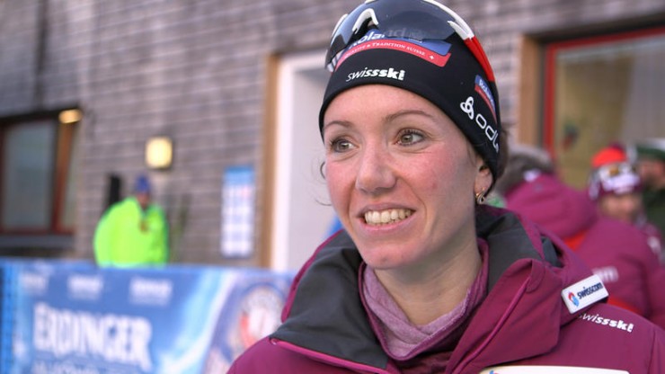 Selina Gasparin, 31, a Swiss biathlete and mom, in a video interview with the IBU following Thursday's 15 k individual, where she placed fifth for her nation's best result of the season. (Photo: IBU/Ernst Wukits)