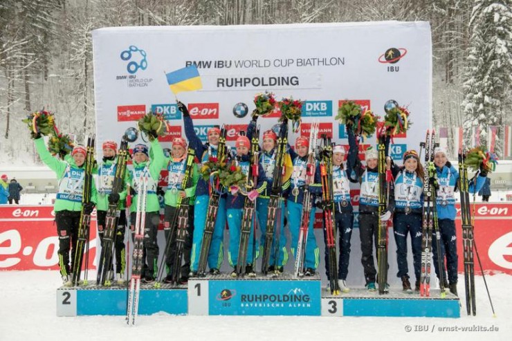 The women's 4 x 6 k relay podium at the IBU World Cup in Ruhpolding, Germany; with Ukraine (c) in first, Germany (l) in second, and Italy (r) in third. (Photo: IBU/Ernst Wukits) 