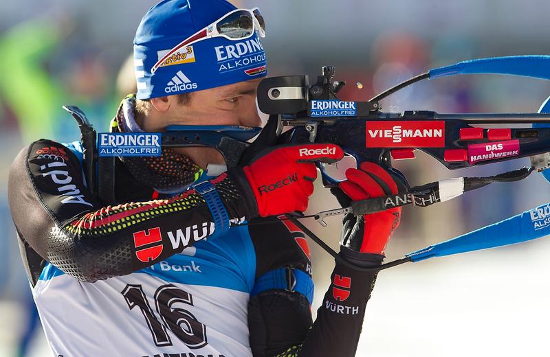 Simon Schempp of Germany shooting his way to a sprint win in Antholz, Italy, in Friday's 10 k competition. (Photo: IBU/Rene Miko)