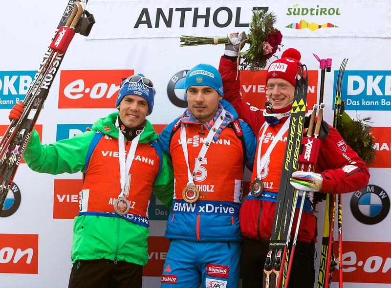 Anton Shipulin of Russia (center) won his first World Cup of the season in Antholz, with Simon Schempp of Germany (left) second and Johannes Bø of Norway third. (Photo: IBU/Rene Miko)