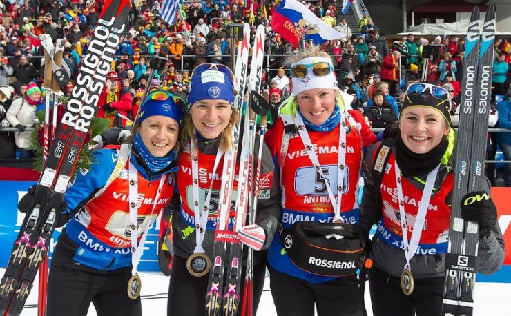 The French women's relay after winning Sunday's 4 x 6 k IBU World Cup relay in Antholz, Italy. With Justine Braisaz, Anaïs Bescond, Anaïs Chevalier, and anchor Marie Dorin Habert (second from r). (Photo:  IBU/Rene Miko)