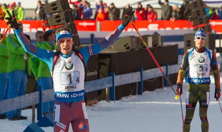 Russia's Anton Shipulin (l) celebrates after holding off Germany's Simon Schempp to anchor Russia to the men's relay victory on Sunday at the IBU World Cup in Antholz, Italy. Shipulin outlasted Schempp by 1 second for the win. (Photo: IBU/Rene Miko)