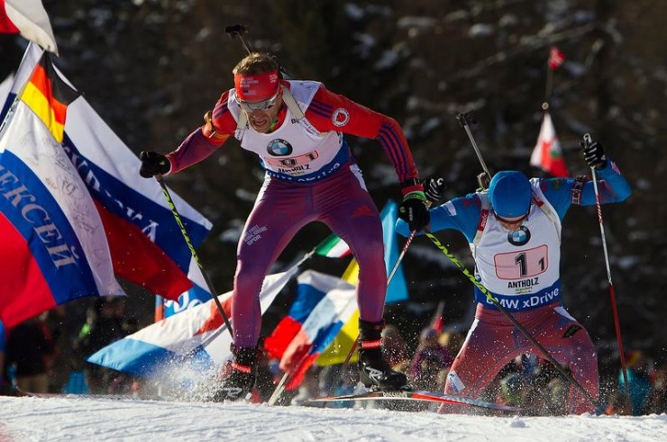 Lowell Bailey (US Biathlon leads Russia's Maxim Tsvetkov during the first leg of the men's 4 x 7.5 k IBU World Cup relay on Sunday in Antholz, Italy. Russia went on to win and the U.S. finished 1:43.7 minutes back in sixth, tying a season-best team result. (Photo: IBU)