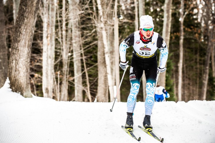 Canadian Kevin Sandau (Alberta World Cup Academy) racing to second place in the men's 15 k classic individual start on Sunday at U.S. nationals in Houghton, Mich. (Photo: Christopher Schmidt)