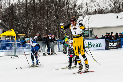 The start of the men's classic sprint final (from left to right), with Didrik Elset of Michigan Tech, Dakota Blackhorse-von Jess of Bend Endurance Academy ), Tyler Kornfield (APU), and Reese Hanneman (APU) at the start of the final for the men's 1.5 k classic sprint on Saturday at U.S. nationals in Houghton, Mich. (Photo: Christopher Schmidt)