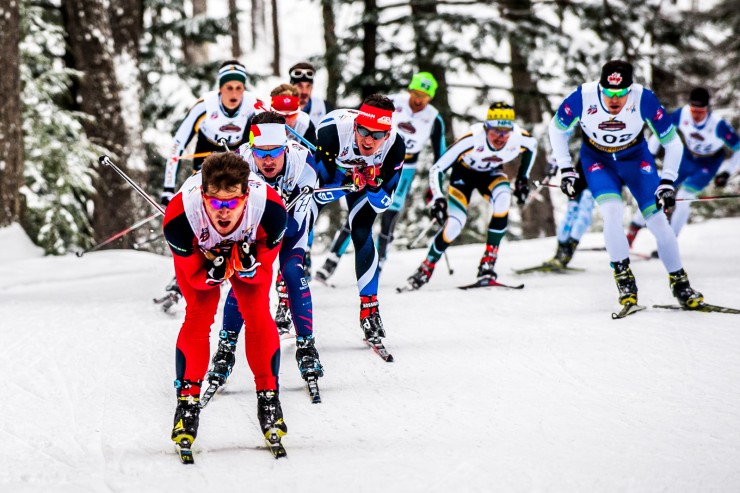 Tad Elliott (second from front) trails Kris Freeman during the 30 k freestyle mass start at 2016 U.S. nationals on Jan. 7 in Houghton, Mich. Elliott went on to win by nearly 10 seconds. (Photo: Christopher Schmidt)