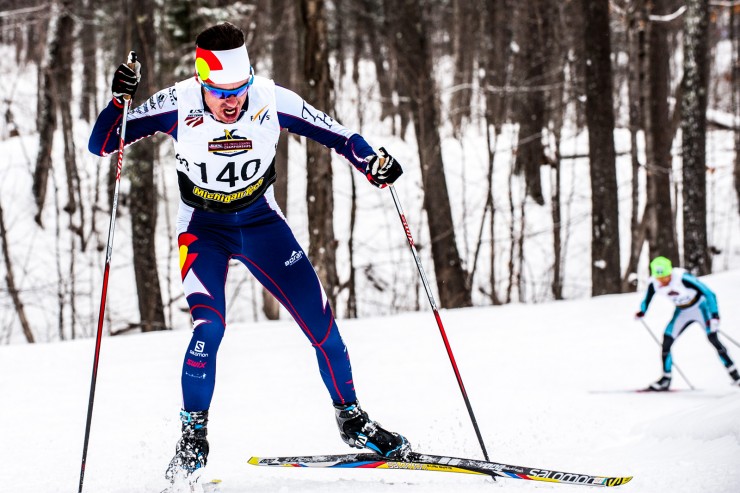Tad Elliott (Ski & Snowboard Club Vail) racing to his fourth national title, and first one since 2012, in the 30 k freestyle mass start on Jan. 7 in Houghton, Mich. (Photo: Christopher Schmidt)
