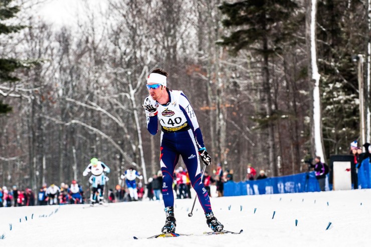 Tad Elliott blows a kiss to spectators as he crosses the line first in the 2016 U.S. Cross Country Championships men's 30 k freestyle mass start on Jan. 7 in Houghton, Mich., for his fourth national title. (Photo: Christopher Schmidt)